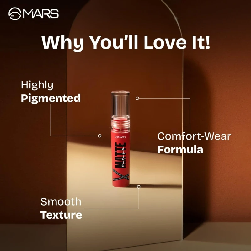 MARS Matte Muse Mousse Lipstick (3ml) (14-RUNWAY QUEEN) with Doe-Foot Applicator | Highly Pigmented | Smooth Texture | Hydrating Formula | Blurry Lips Effect - Thumbnail 7